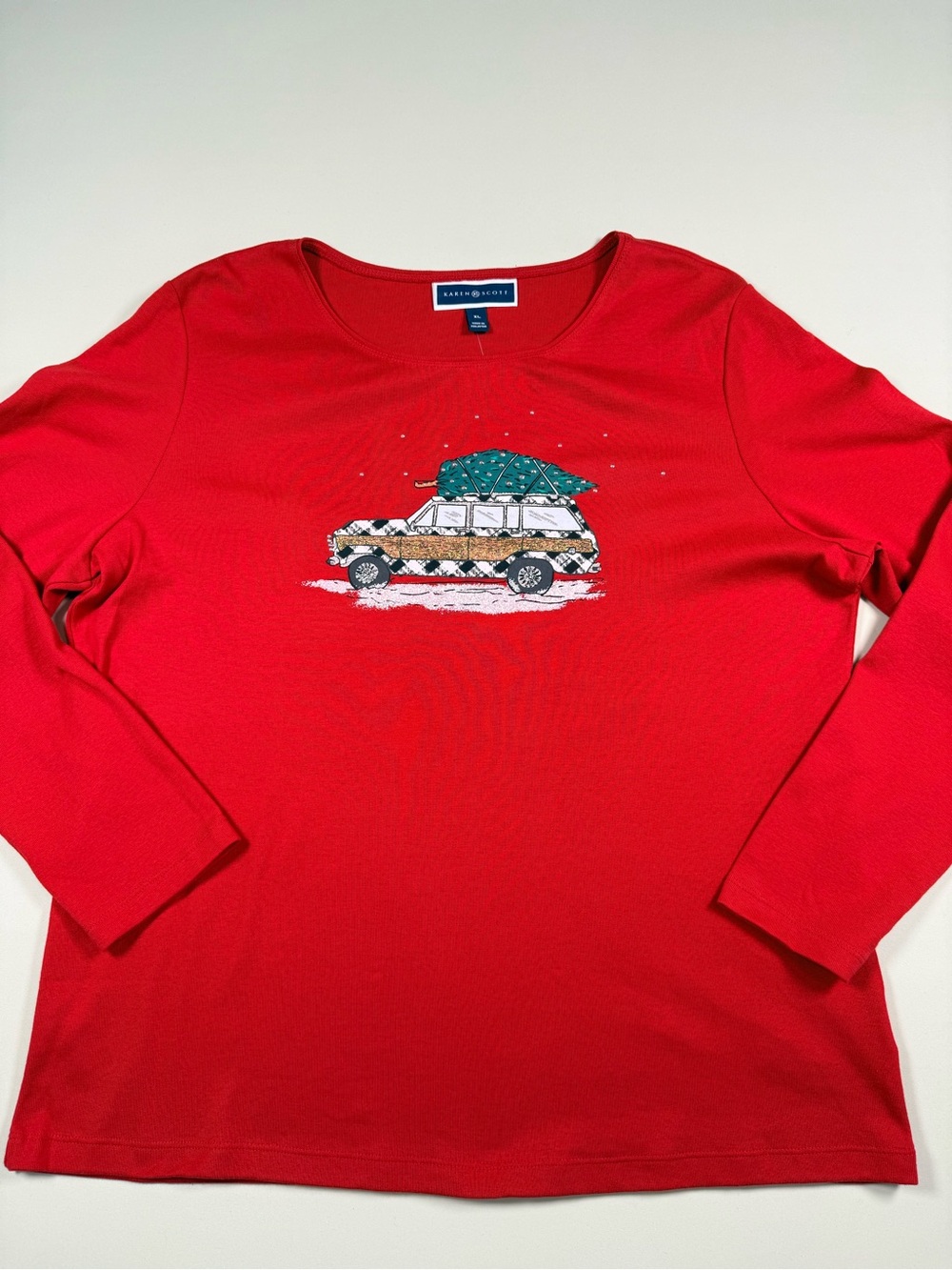 Karen Scott Red Long-Sleeve Holiday Car Graphic Tee